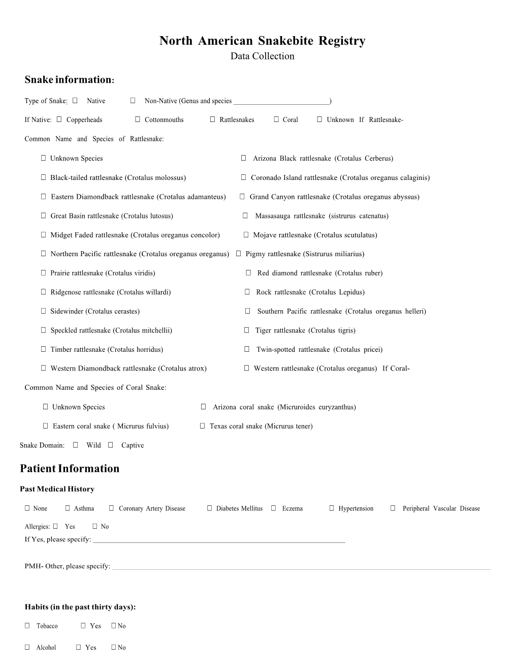 North American Snakebite Registry Data Collection