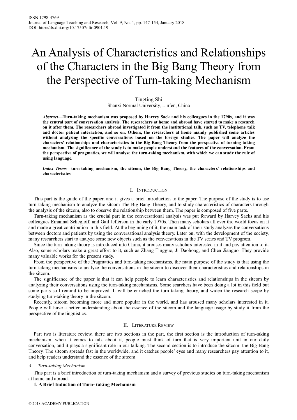An Analysis of Characteristics and Relationships of the Characters in the Big Bang Theory from the Perspective of Turn-Taking Mechanism