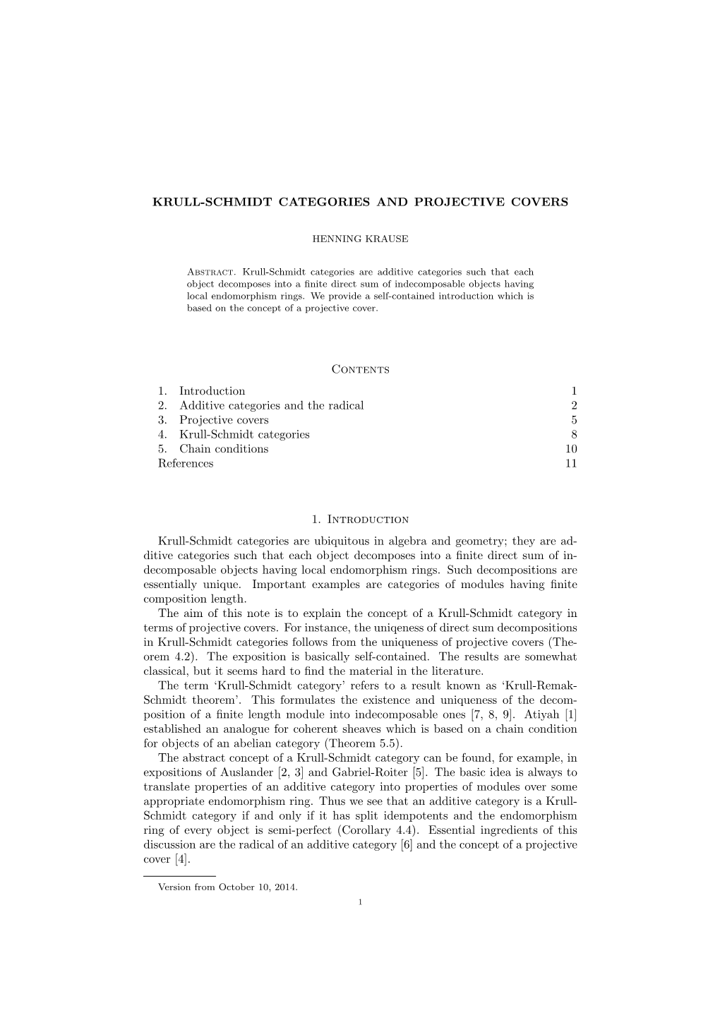 KRULL-SCHMIDT CATEGORIES and PROJECTIVE COVERS Contents