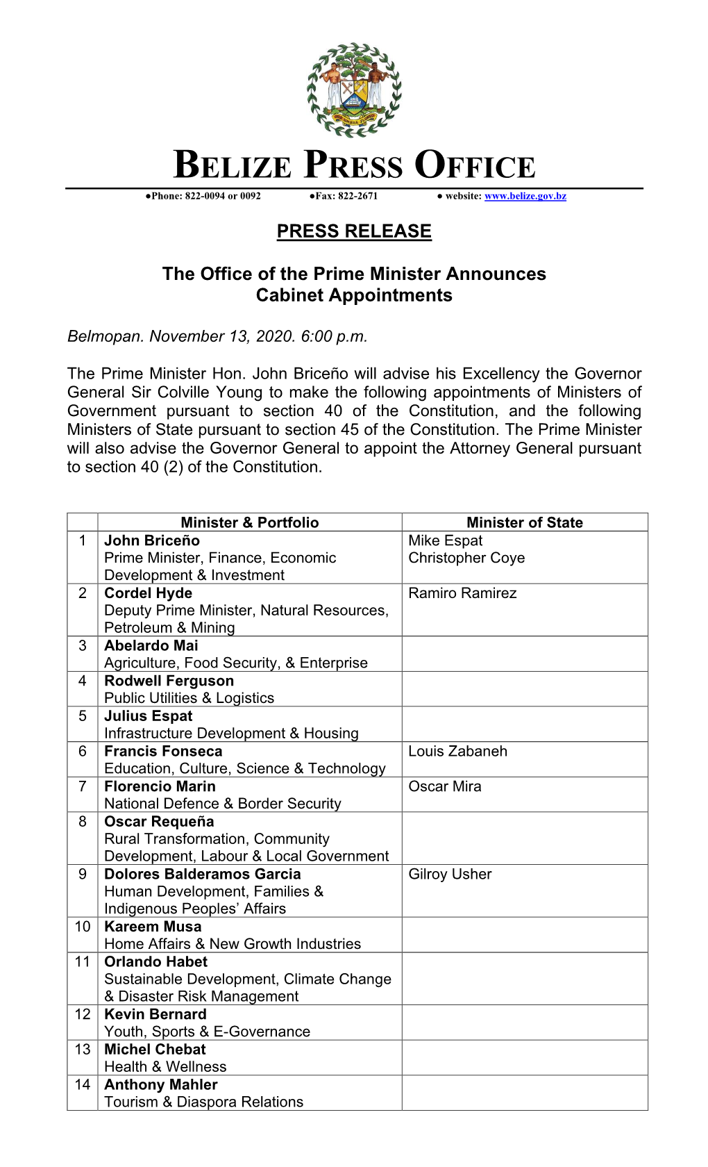 PRESS RELEASE the Office of the Prime Minister Announces Cabinet