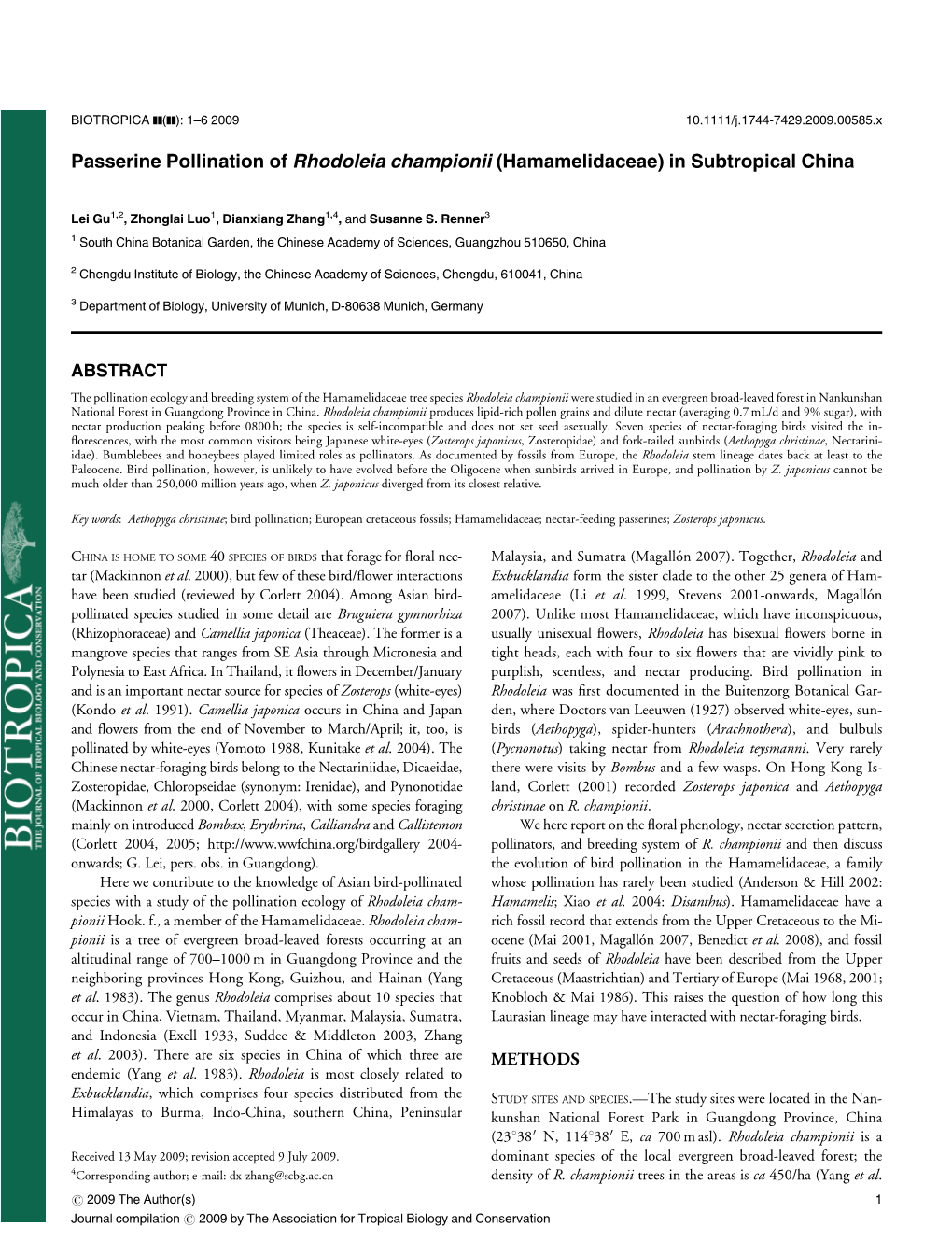 Passerine Pollination of Rhodoleia Championii (Hamamelidaceae) in Subtropical China