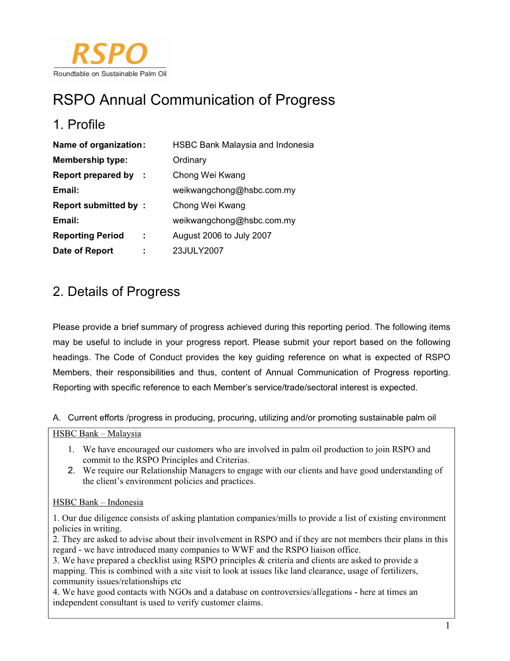 RSPO Annual Communication of Progress 1