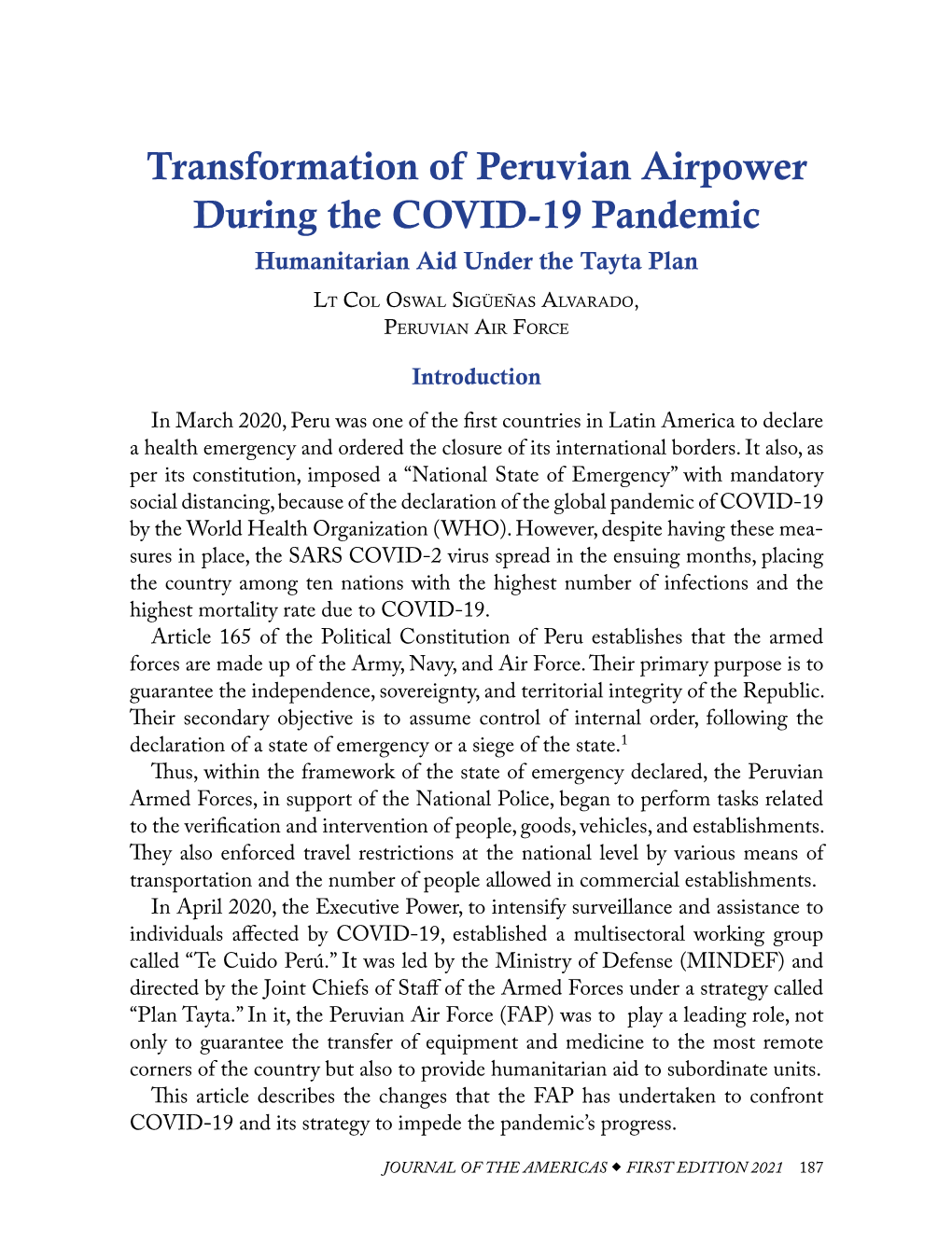 Transformation of Peruvian Airpower During the COVID-19 Pandemic Humanitarian Aid Under the Tayta Plan