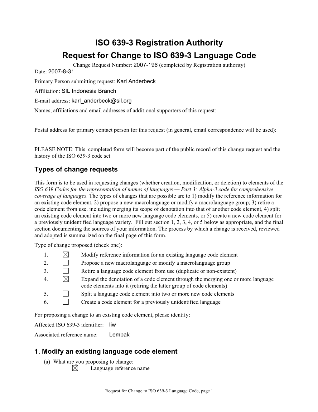 Iso639-3@Sil.Org an Email Attachment of This Completed Form Is Preferred