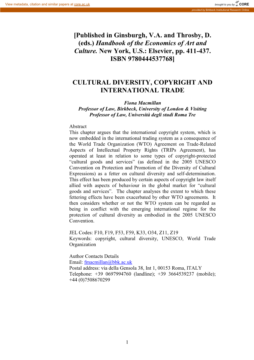 Cultural Diversity, Copyright and International Trade