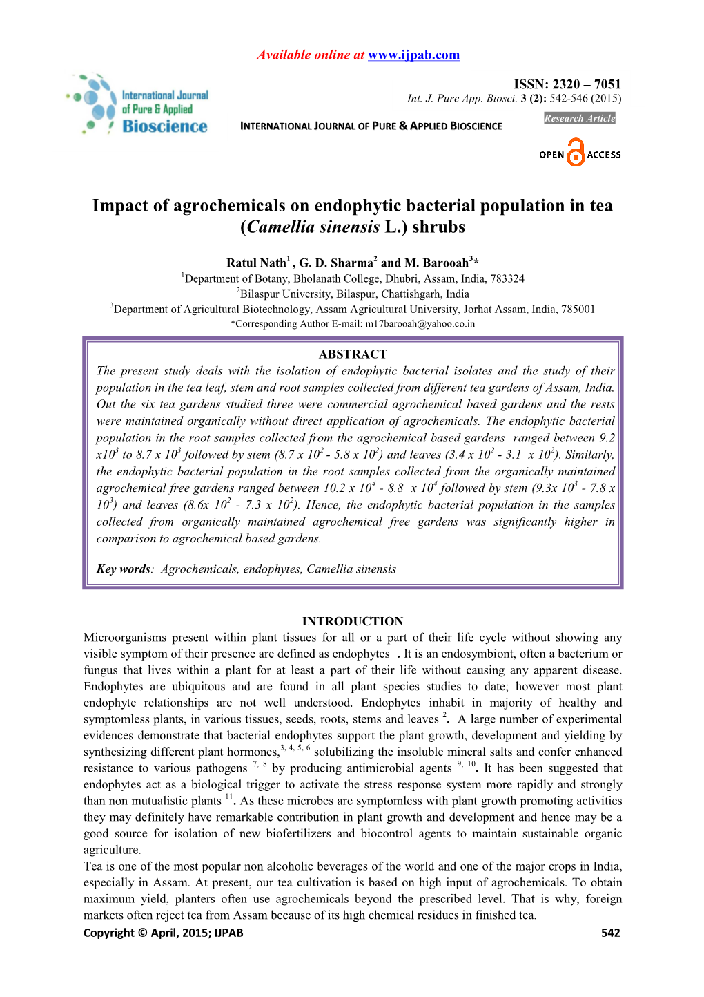 Impact of Agrochemicals on Endophytic Bacterial Population in Tea (Camellia Sinensis L.) Shrubs