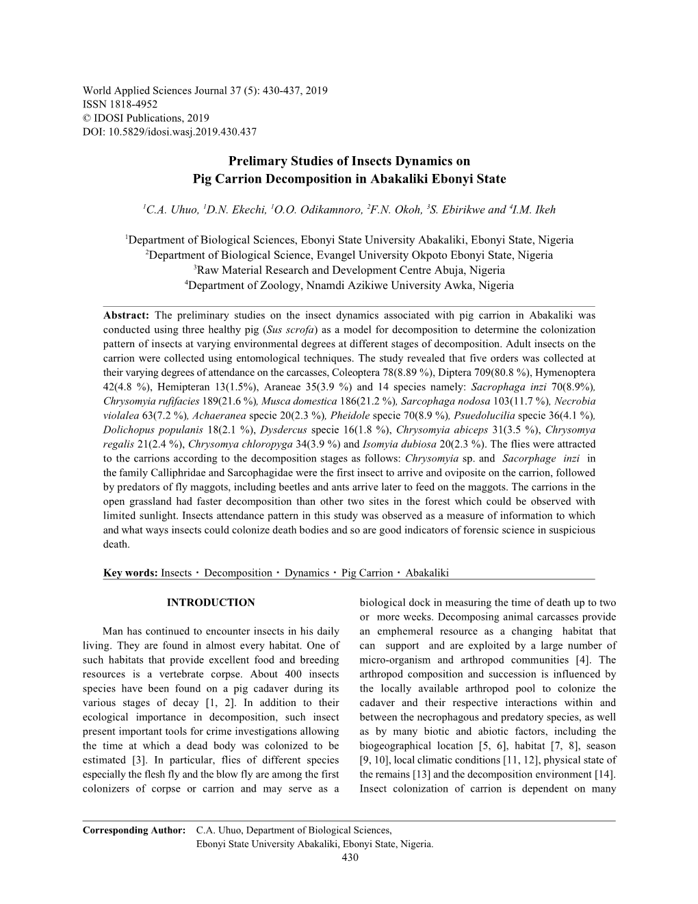 Prelimary Studies of Insects Dynamics on Pig Carrion Decomposition in Abakaliki Ebonyi State