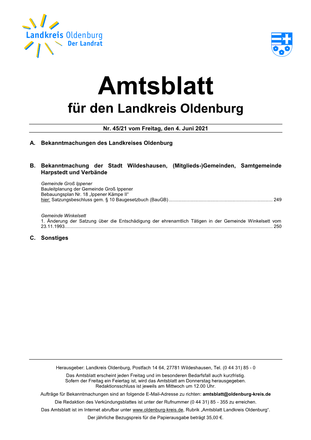 Amtsblatt Für Den Landkreis Oldenburg