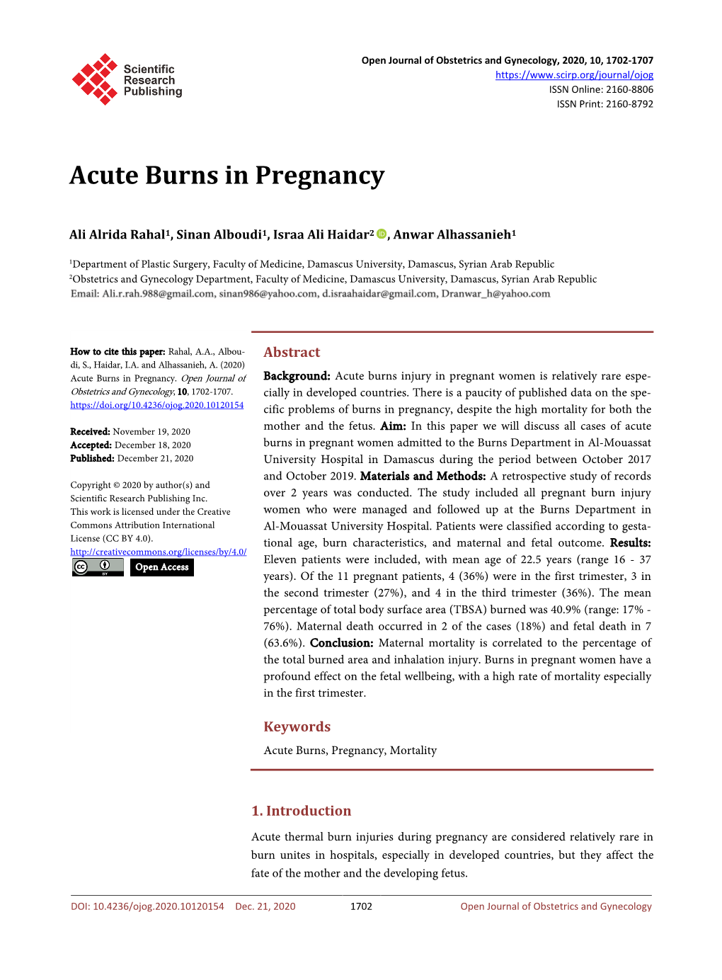 Acute Burns in Pregnancy