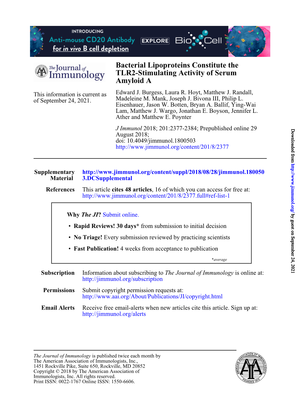 Bacterial Lipoproteins Constitute the TLR2-Stimulating Activity of Serum Amyloid A