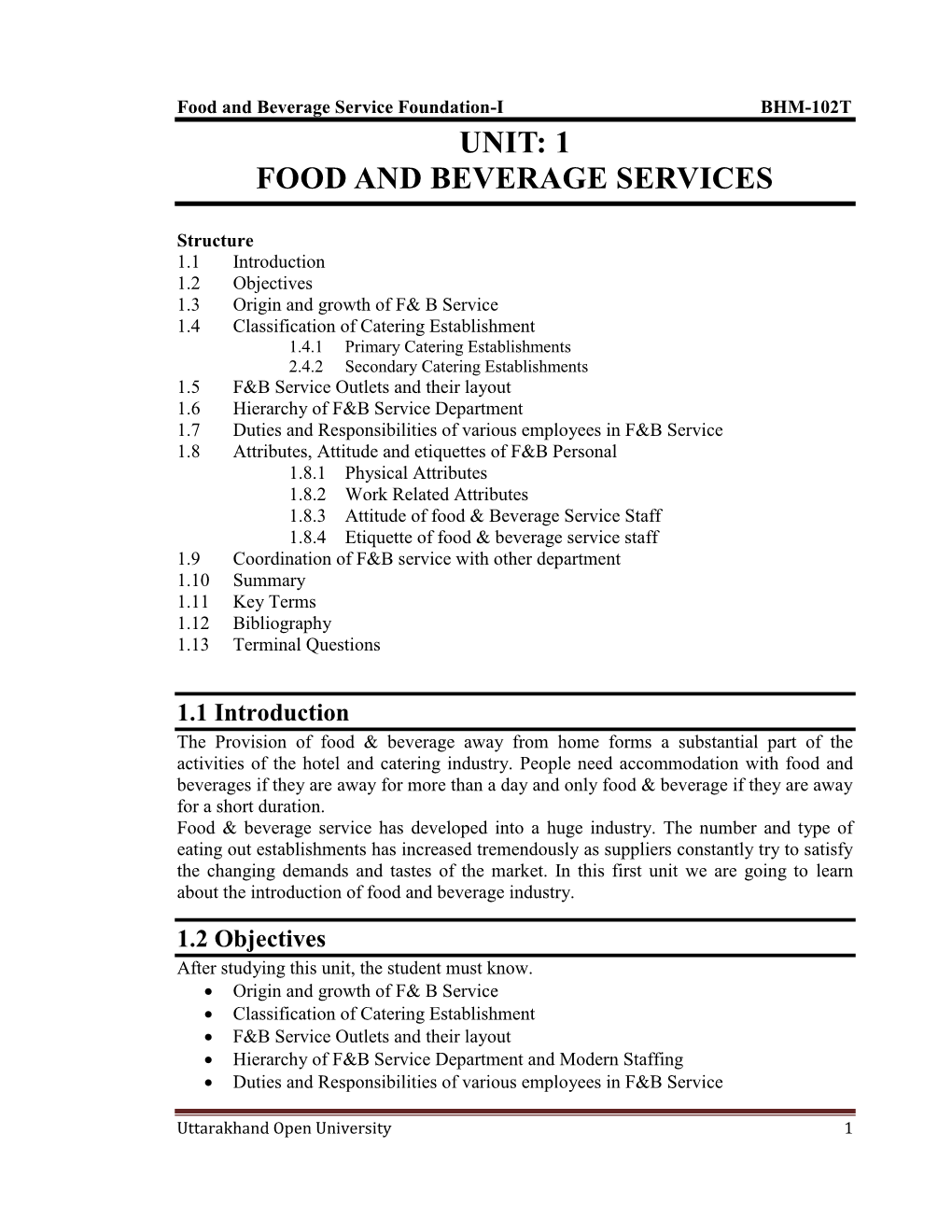 Unit: 1 Food and Beverage Services