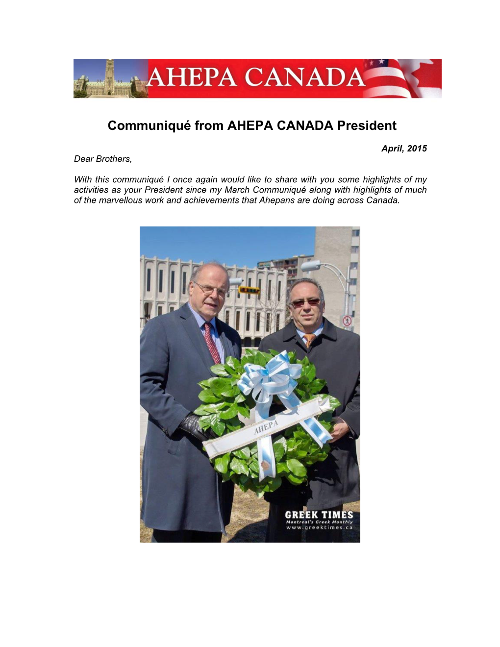 Communiqu from AHEPA CANADA President