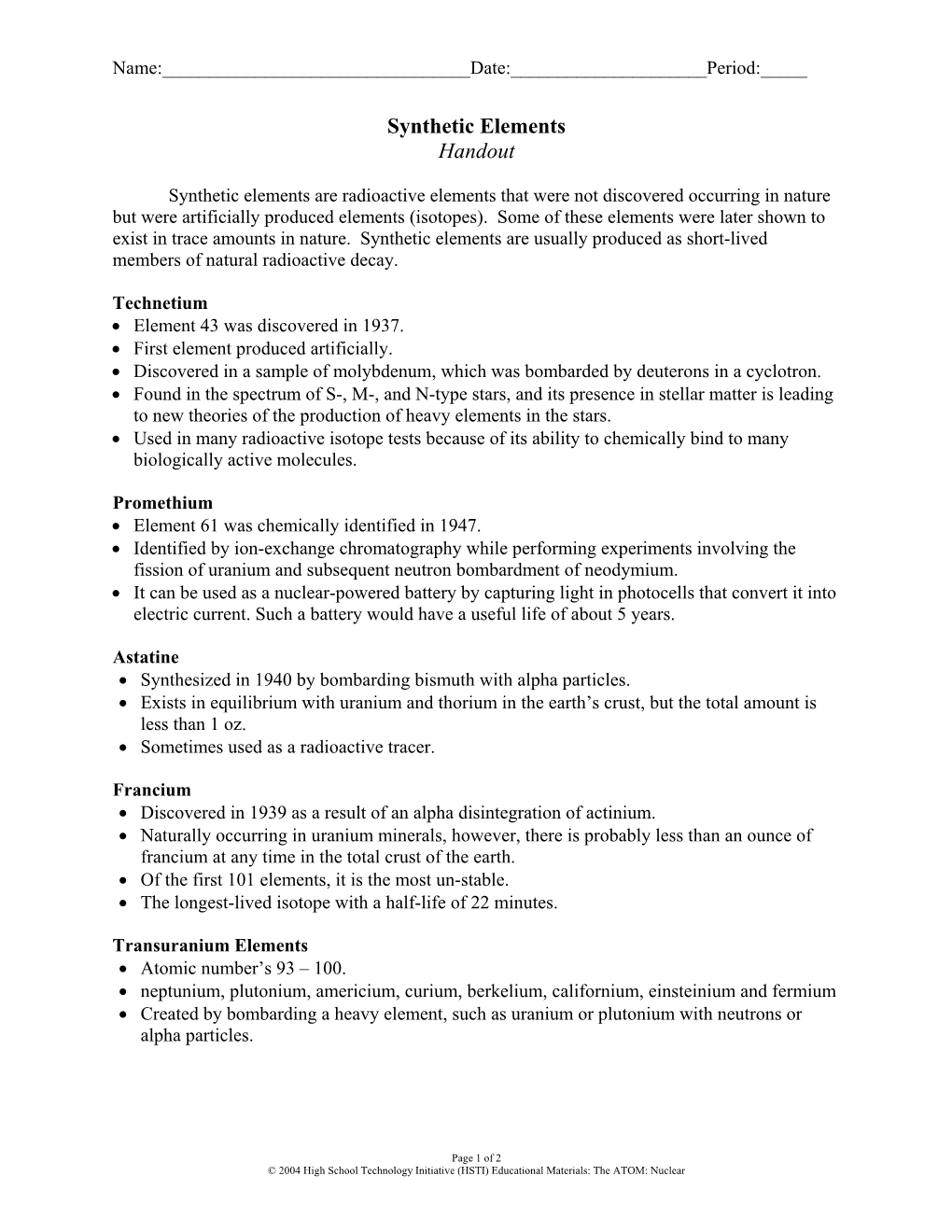 Synthetic Elements Handout