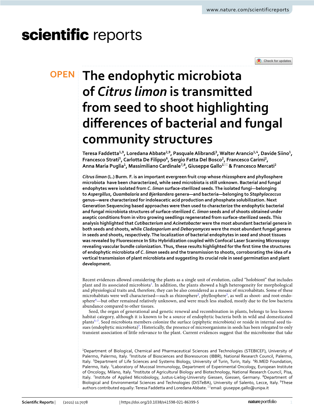 The Endophytic Microbiota of Citrus Limon Is Transmitted from Seed To