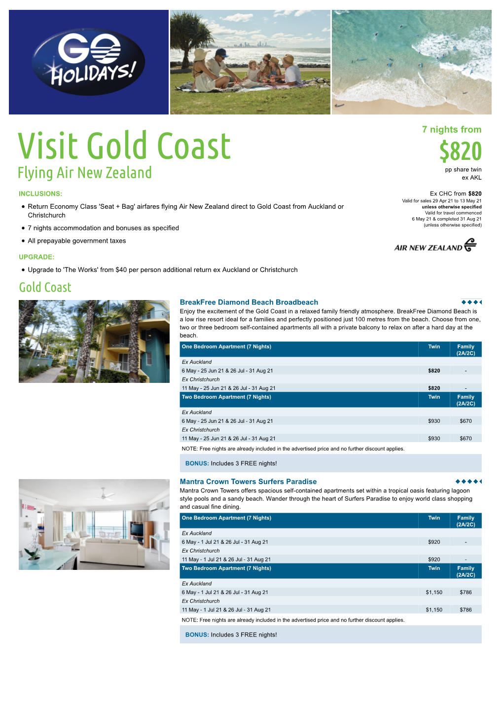 Visit Gold Coast $820 Pp Share Twin Flying Air New Zealand Ex AKL