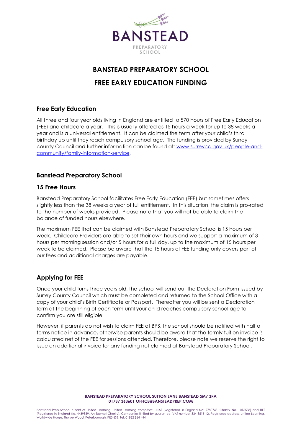 Banstead Preparatory School Free Early Education Funding