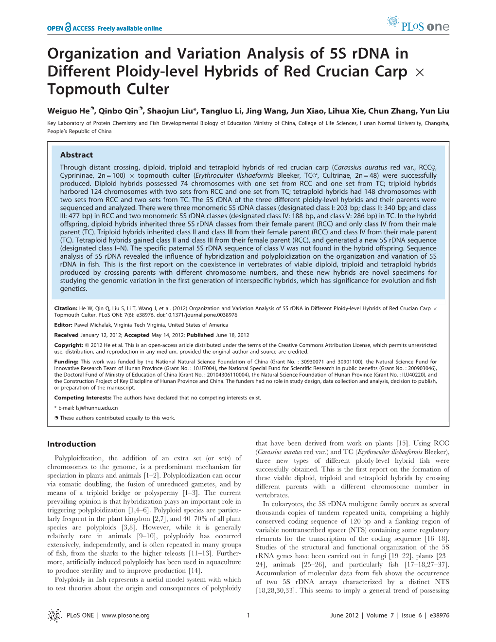 Organization and Variation Analysis of 5S Rdna in Different Ploidy-Level Hybrids of Red Crucian Carp 6 Topmouth Culter