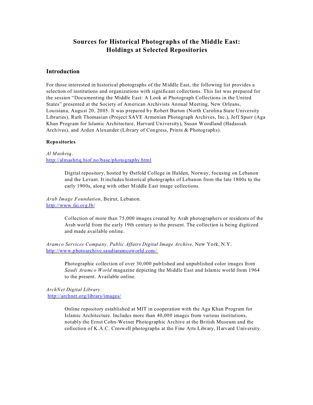 Sources for Historical Photographs of the Middle East: Holdings at Selected Repositories