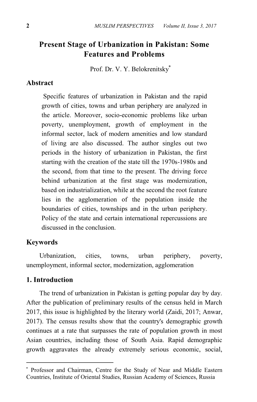 Present Stage of Urbanization in Pakistan: Some Features and Problems