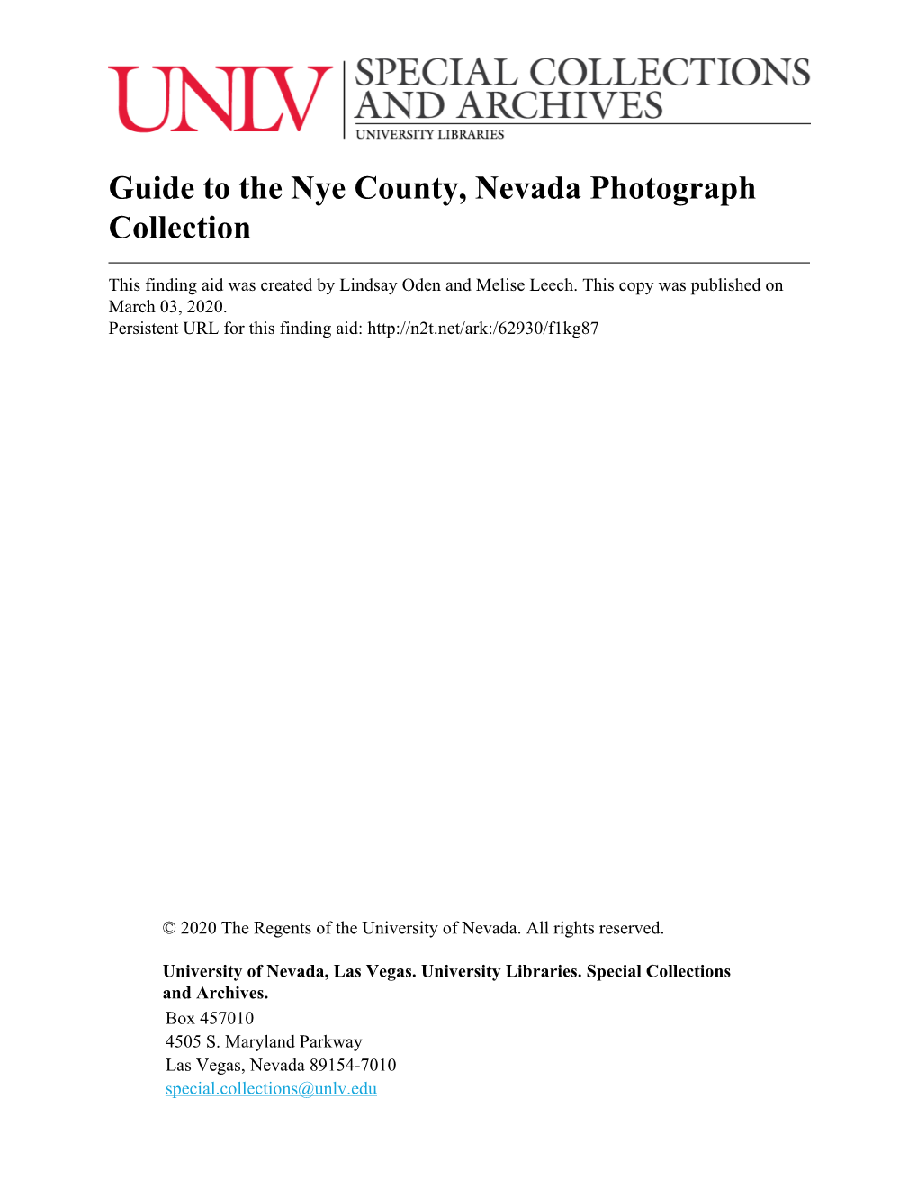 Guide to the Nye County, Nevada Photograph Collection