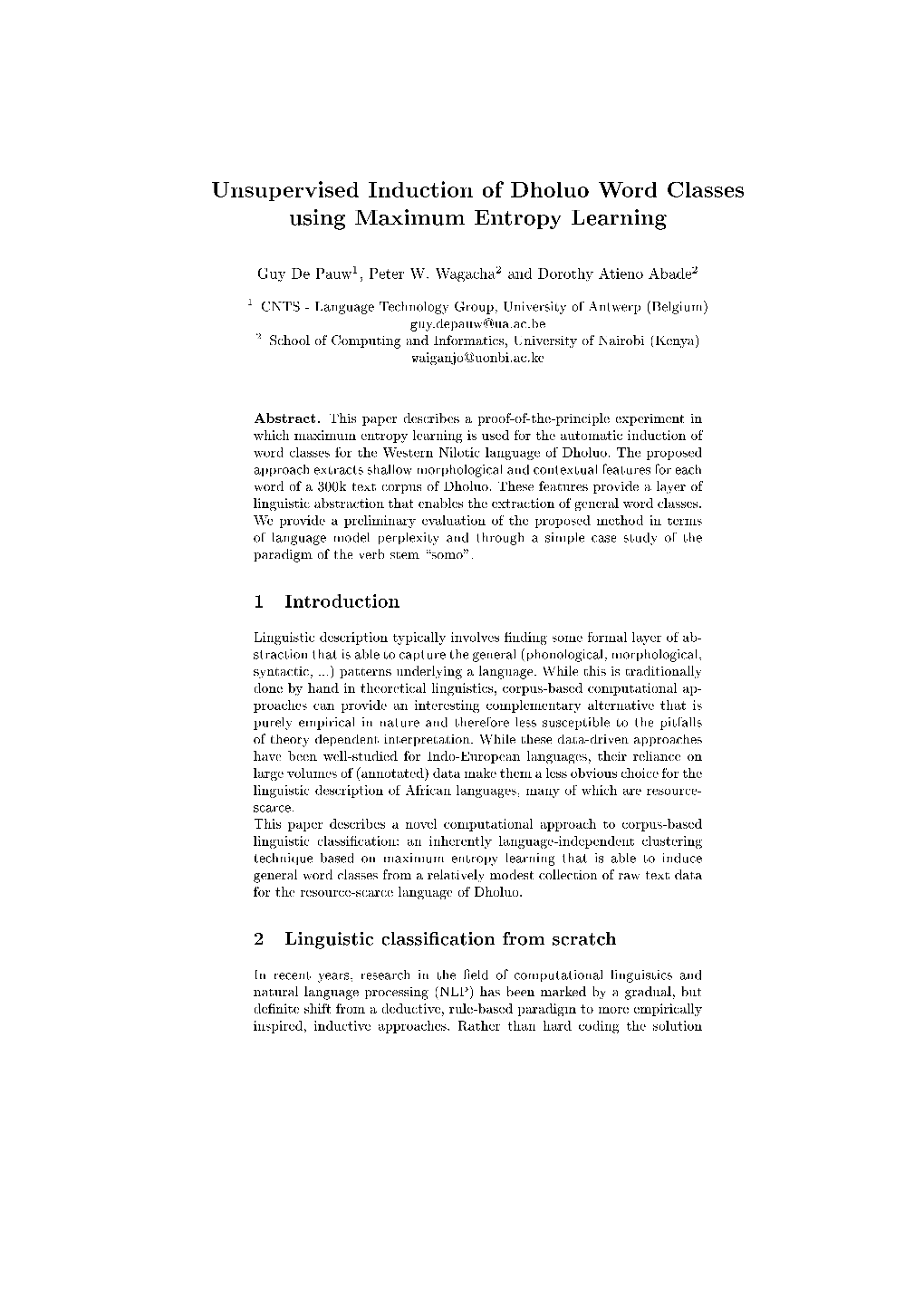 Unsupervised Induction of Dholuo Word Classes Using Maximum Entropy Learning