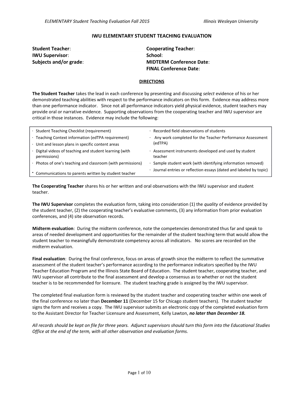 Iwu Elementary Student Teaching Evaluation