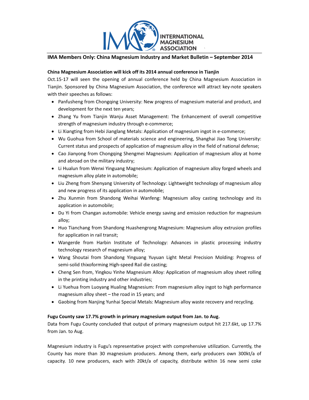 IMA Members Only: China Magnesium Industry and Market Bulletin – September 2014