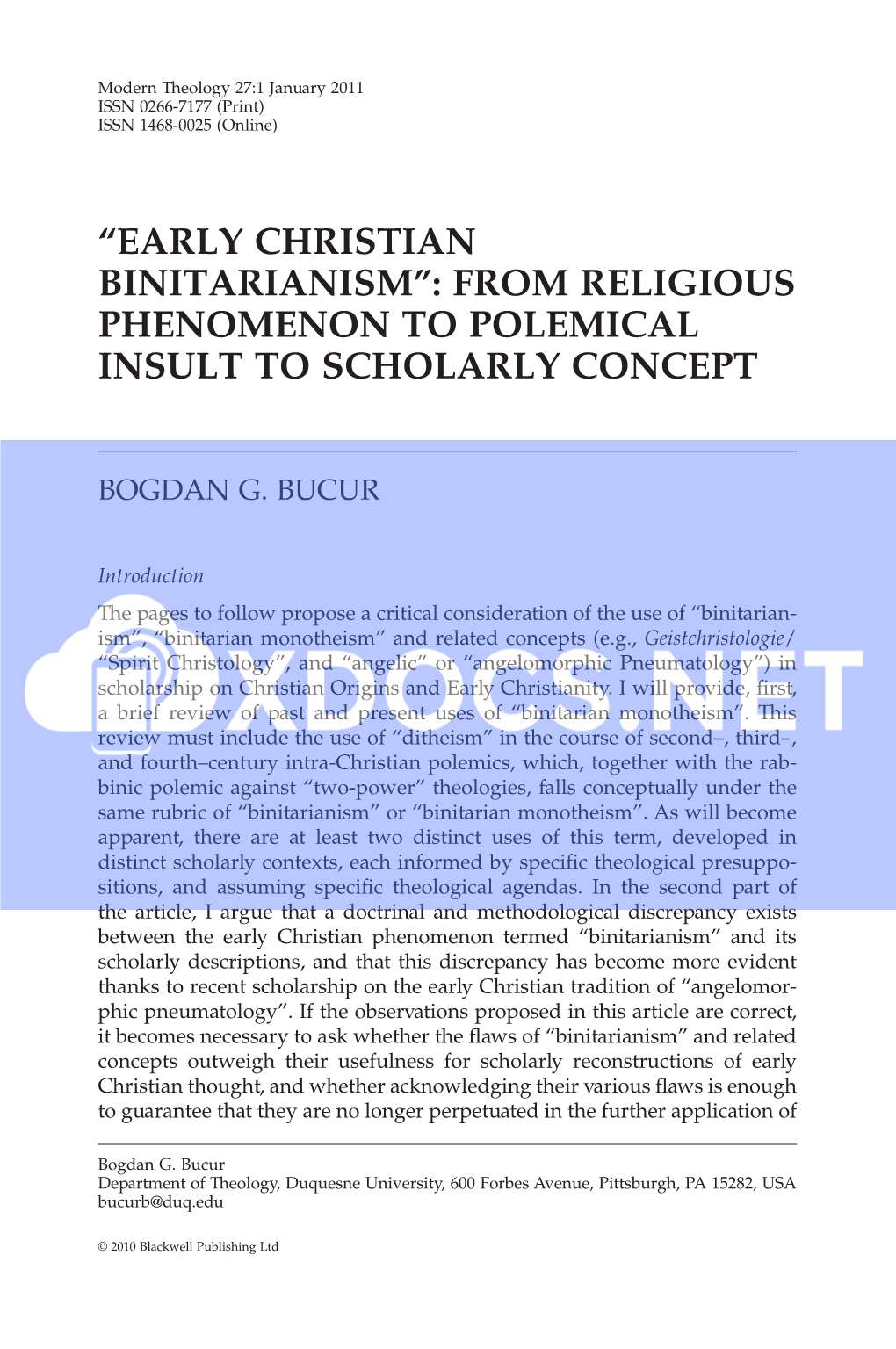 Early Christian Binitarianism”: from Religious Phenomenon to Polemical