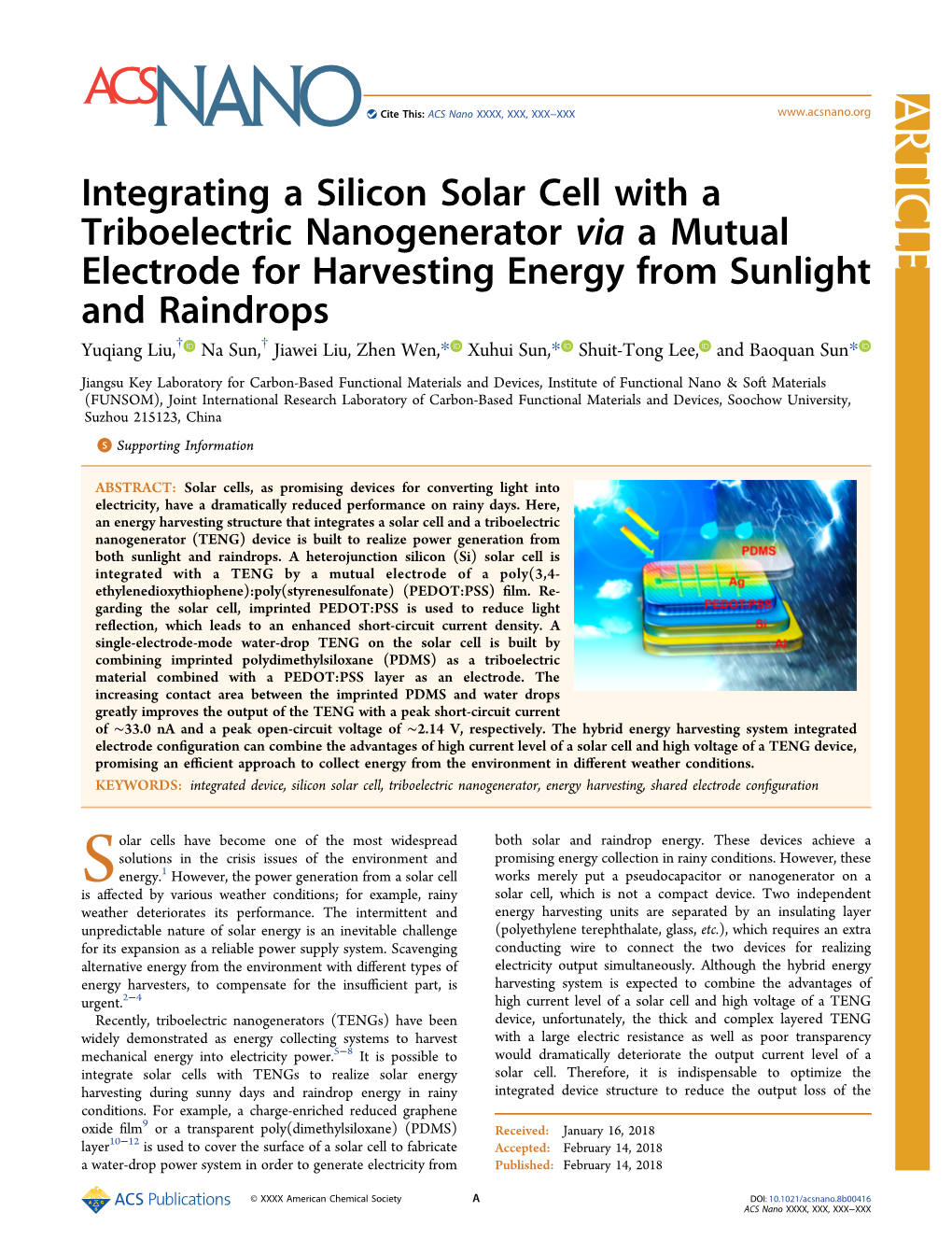 Integrating a Silicon Solar Cell with a Triboelectric Nanogenerator Via A