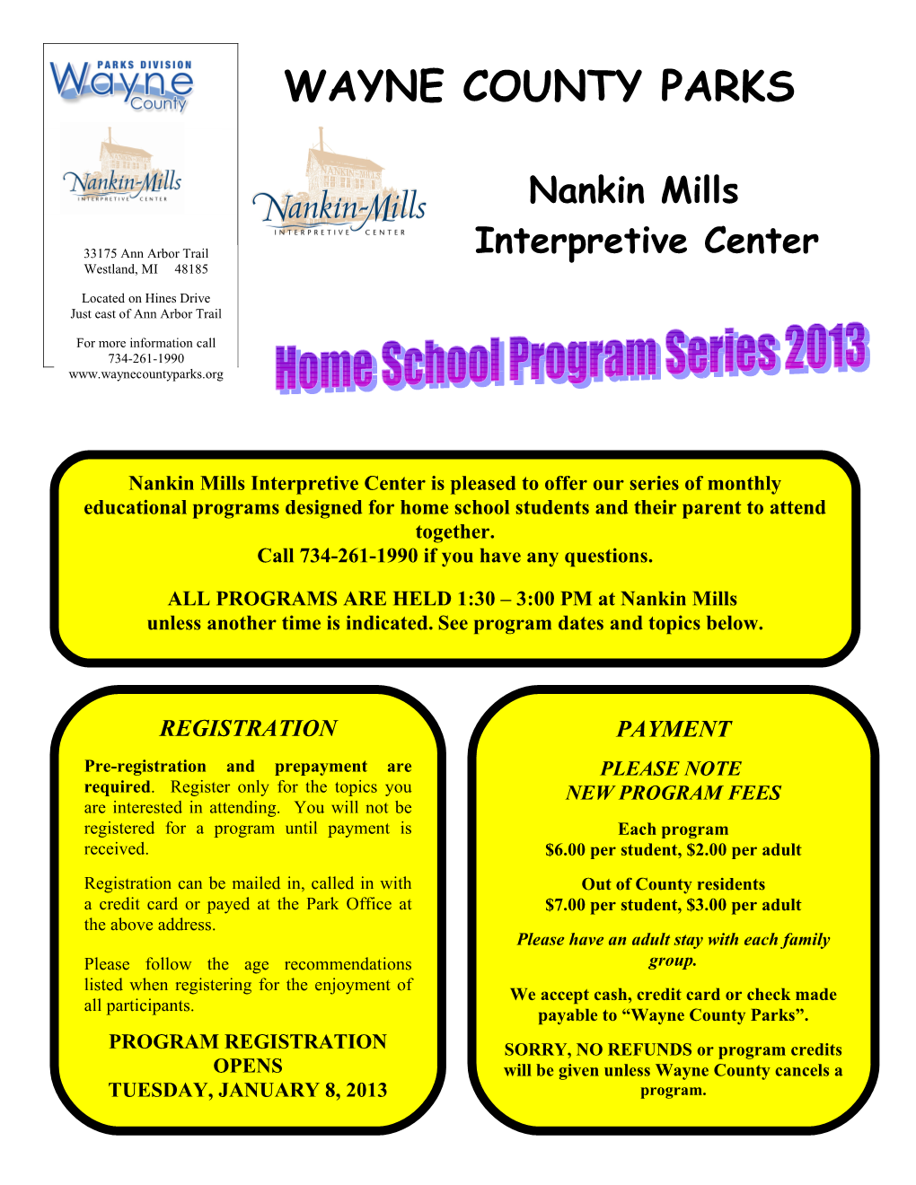 2013 Home School Program Schedule