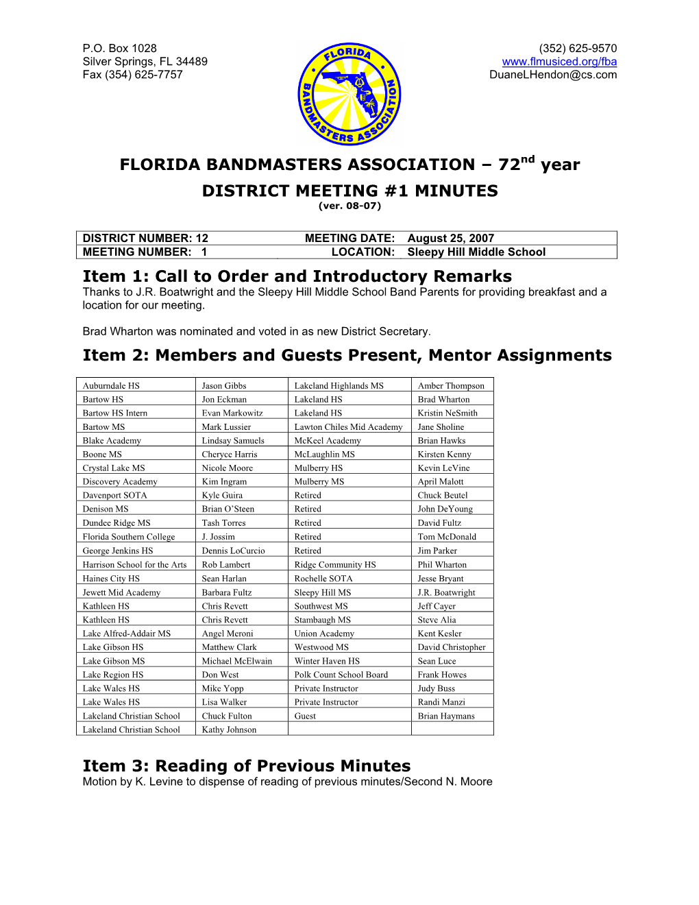 72Nd Year DISTRICT MEETING #1 MINUTES Item 1