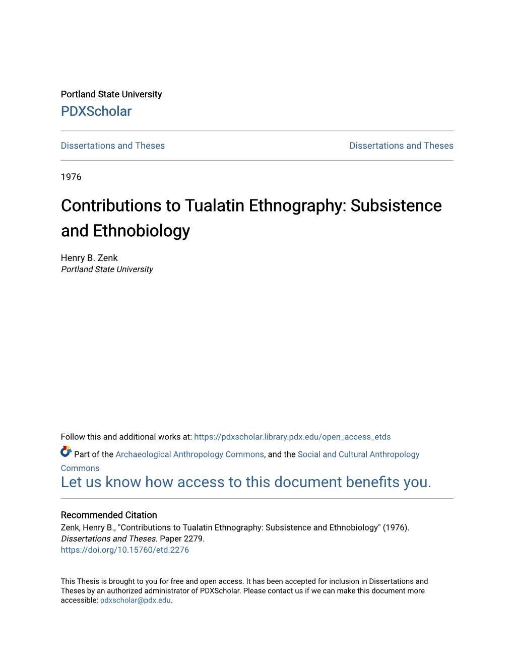 Contributions to Tualatin Ethnography: Subsistence and Ethnobiology