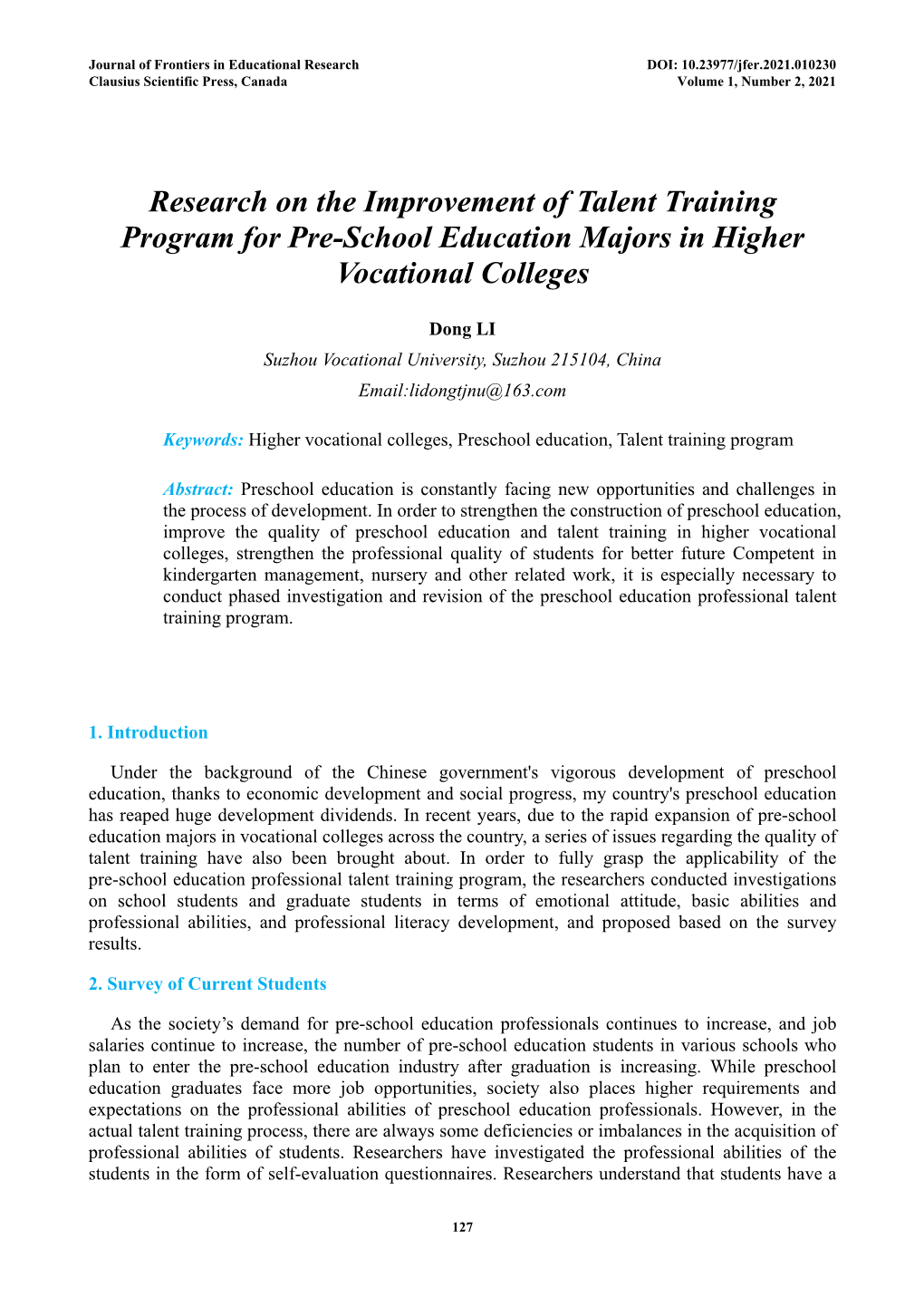 Research on the Improvement of Talent Training Program for Pre-School Education Majors in Higher Vocational Colleges