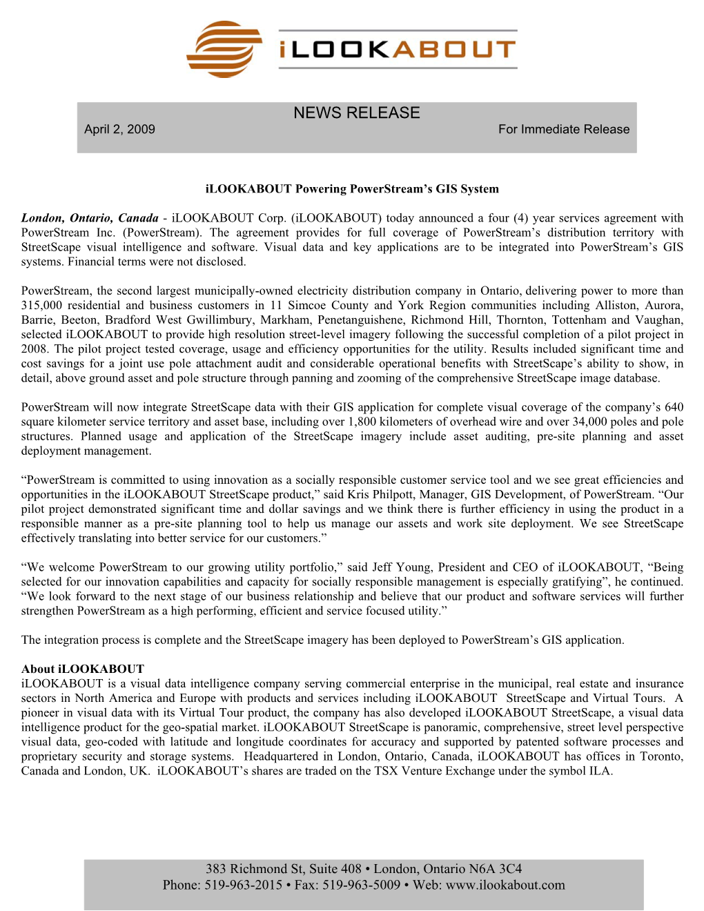 NEWS RELEASE April 2, 2009 for Immediate Release