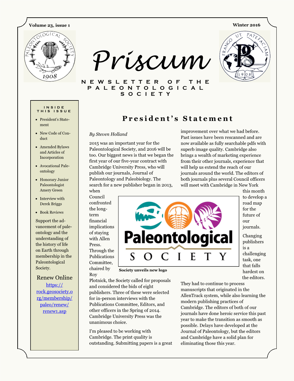 Priscum NEWSLETTER of the PALEONTOLOGICAL SOCIETY