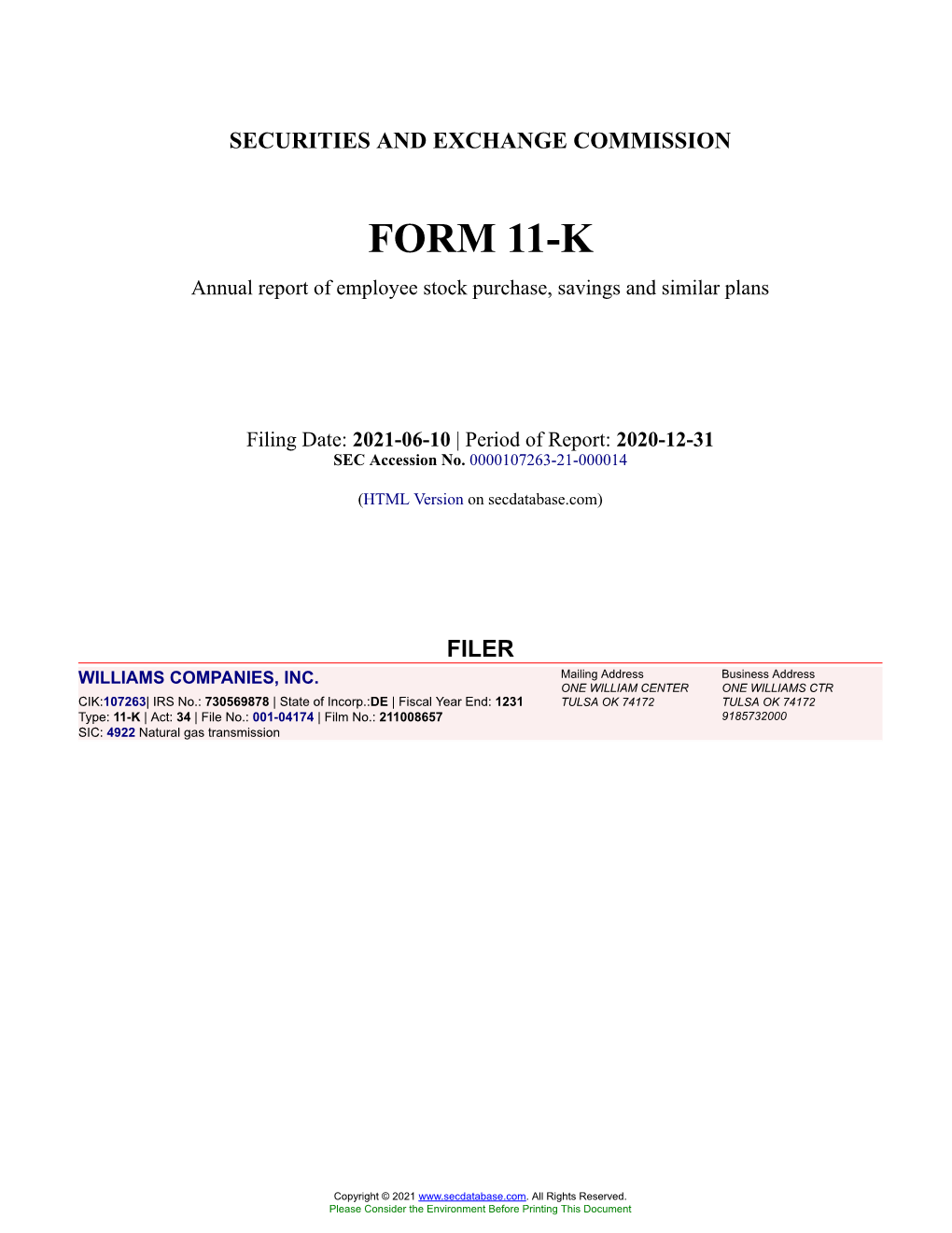 WILLIAMS COMPANIES, INC. Form 11-K Annual Report Filed 2021-06-10