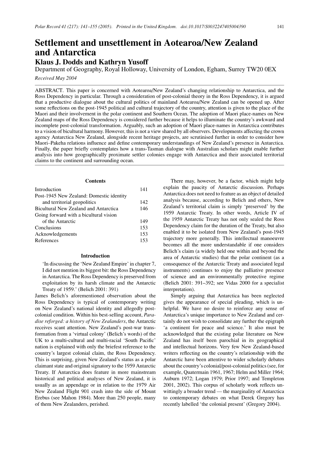 Settlement and Unsettlement in Aotearoa/New Zealand and Antarctica Klaus J