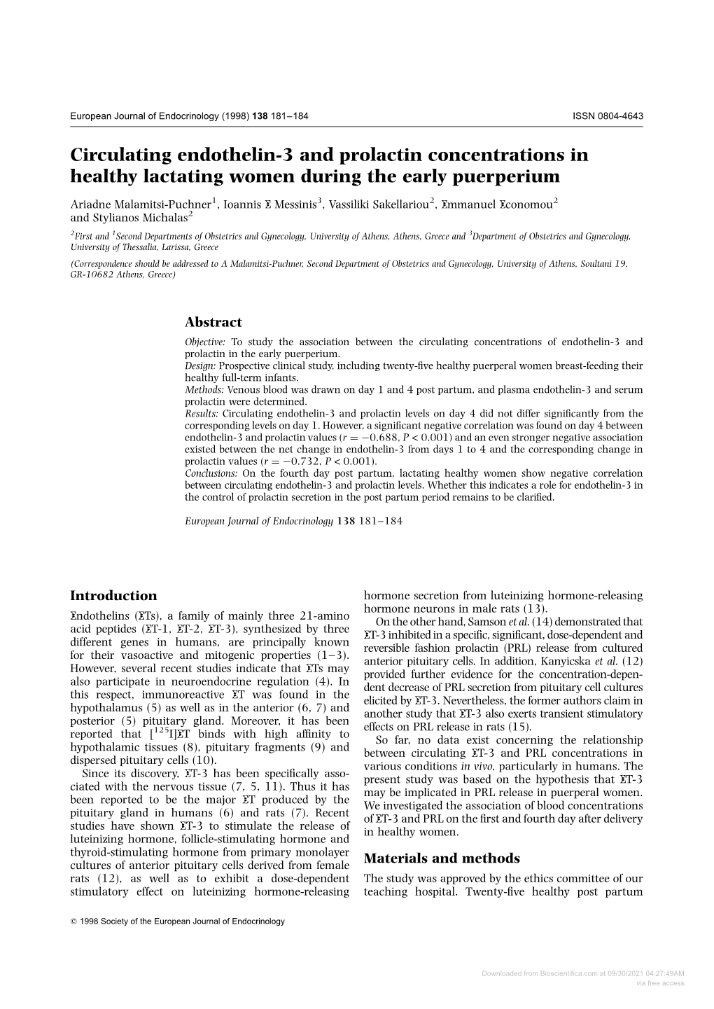 Circulating Endothelin-3 and Prolactin Concentrations in Healthy Lactating Women During the Early Puerperium