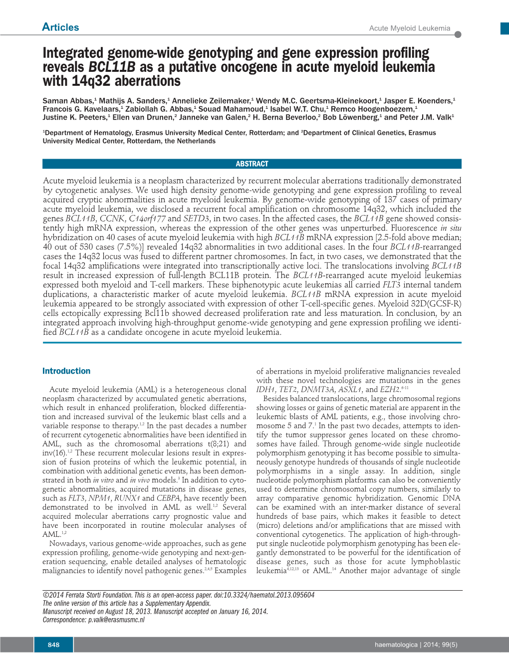 Integrated Genome-Wide Genotyping and Gene Expression Profiling Reveals BCL11B As a Putative Oncogene in Acute Myeloid Leukemia with 14Q32 Aberrations