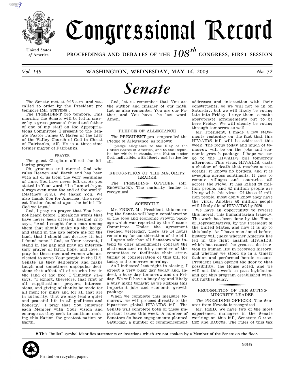 Congressional Record United States Th of America PROCEEDINGS and DEBATES of the 108 CONGRESS, FIRST SESSION