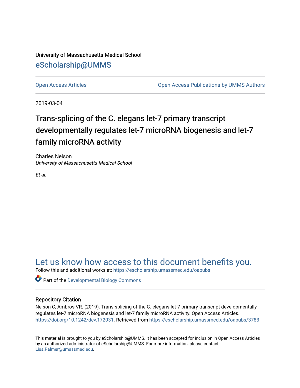 Trans-Splicing of the C. Elegans Let-7 Primary Transcript Developmentally Regulates Let-7 Microrna Biogenesis and Let-7 Family Microrna Activity