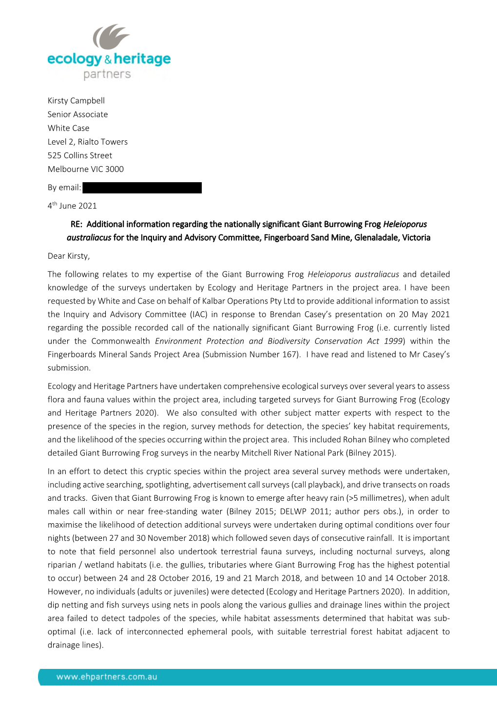 Kirsty Campbell Senior Associate White Case Level 2, Rialto Towers 525 Collins Street Melbourne VIC 3000 by Email: 4Th June 2021