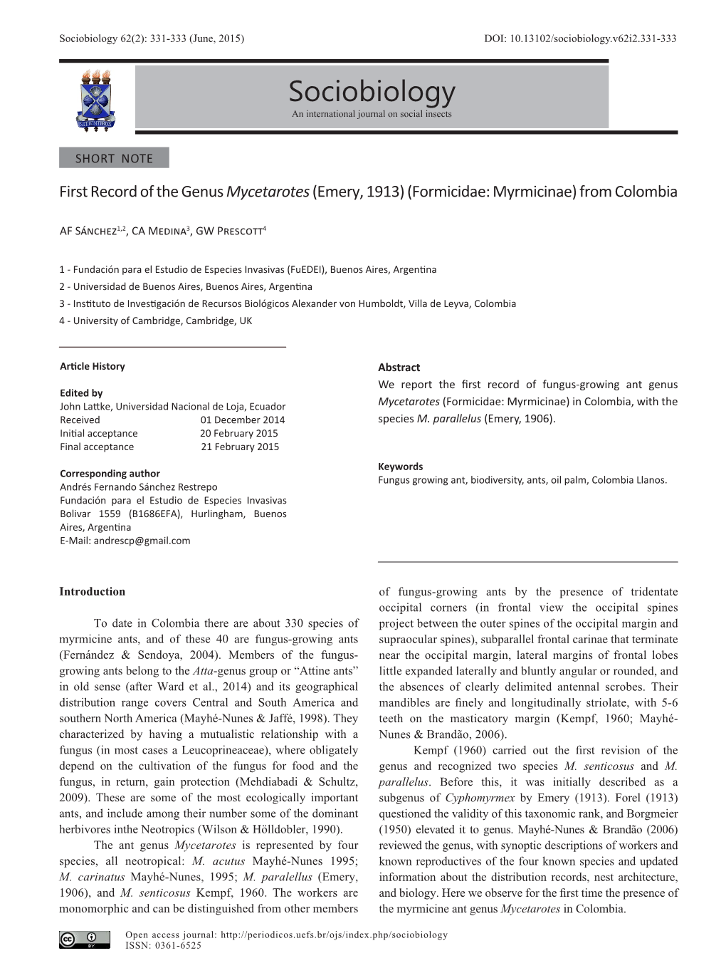 Sociobiology 62(2): 331-333 (June, 2015) DOI: 10.13102/Sociobiology.V62i2.331-333