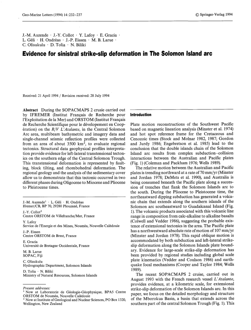 Evidence for Sinistral Strike-Slip Deformation in the Solomon Island Arc