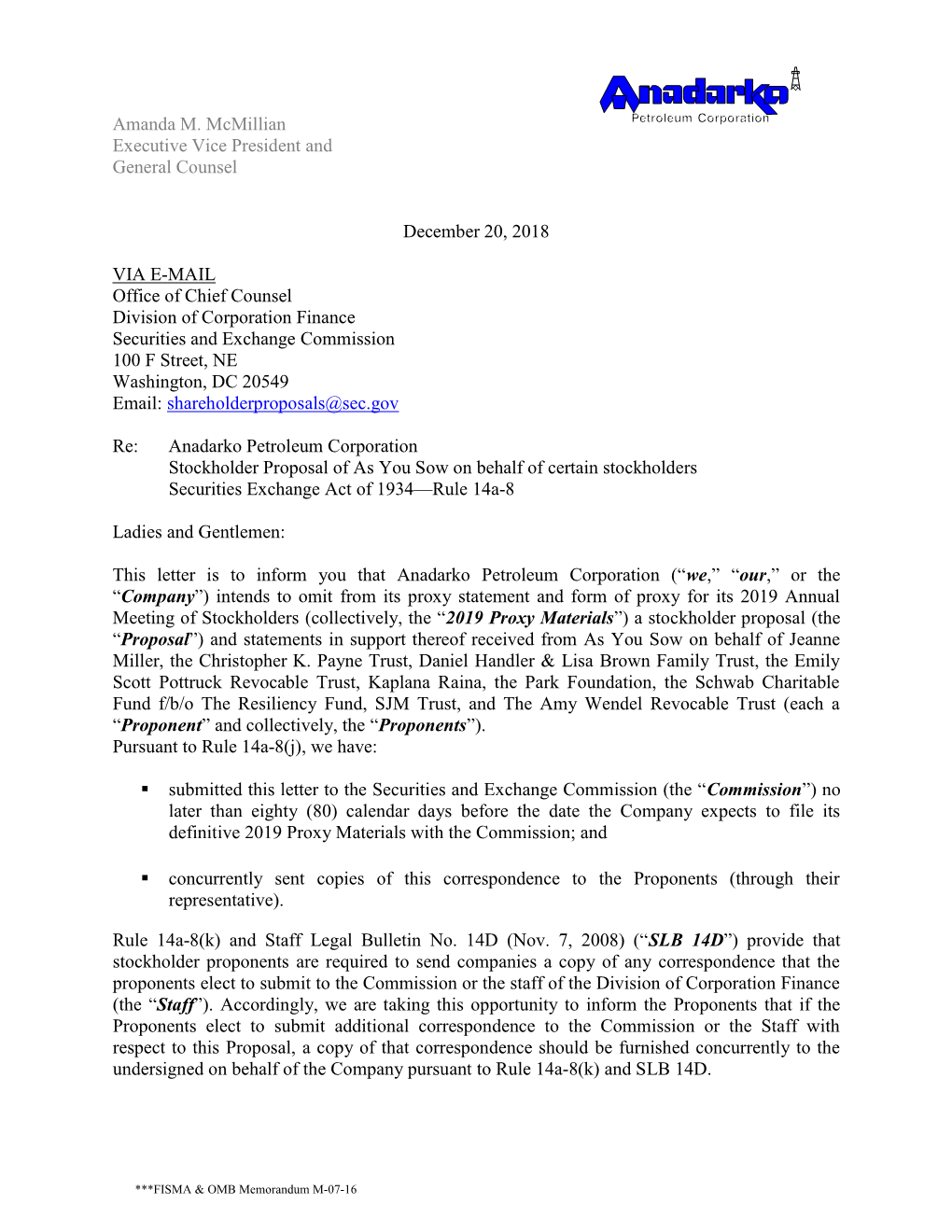 Anadarko Petroleum Corporation; Rule 14A-8 No-Action Letter