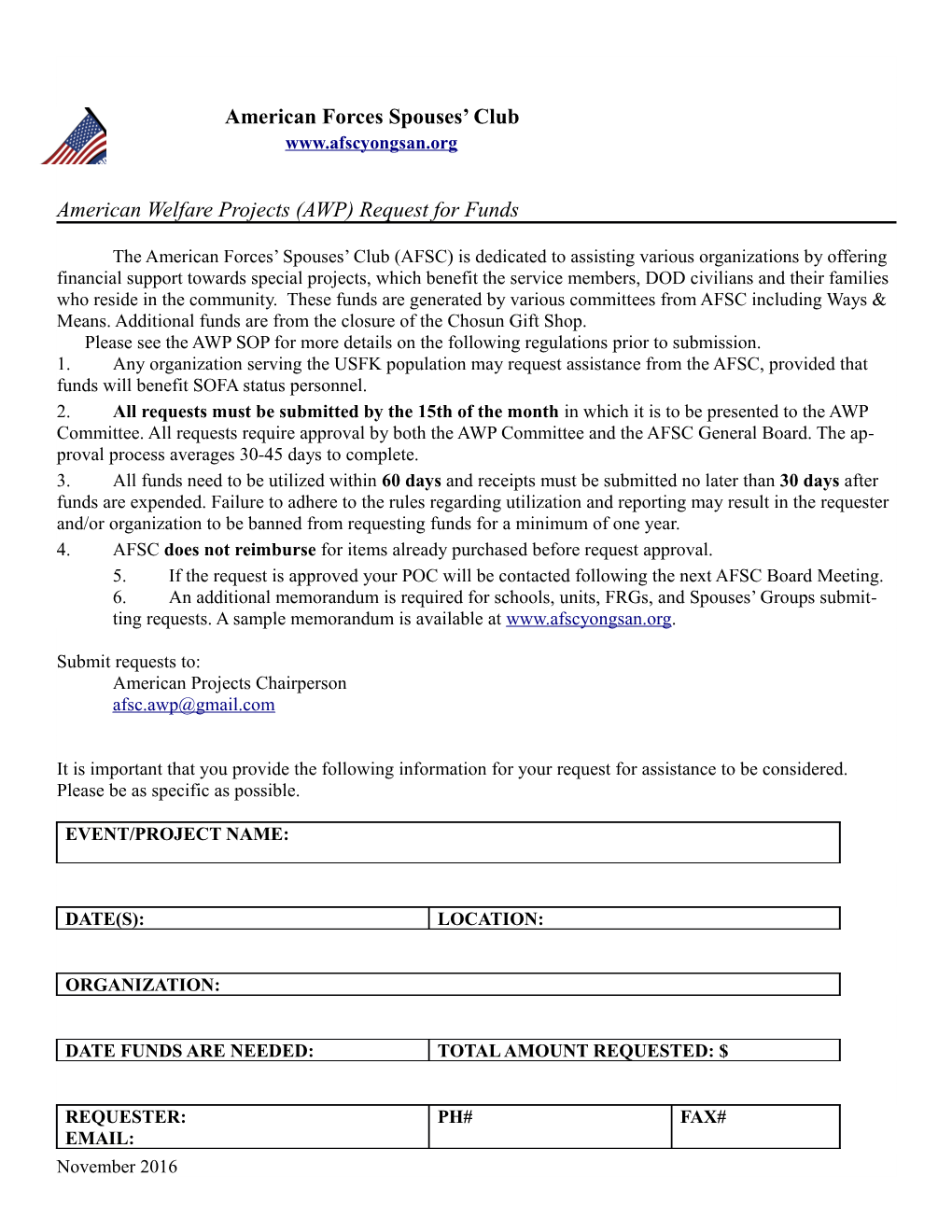 American Welfare Projects (AWP) Request for Funds