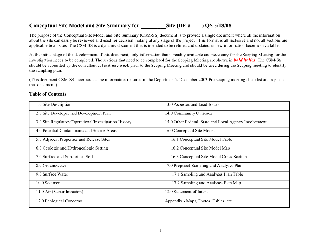 Conceptual Site Model and Site Summary Template