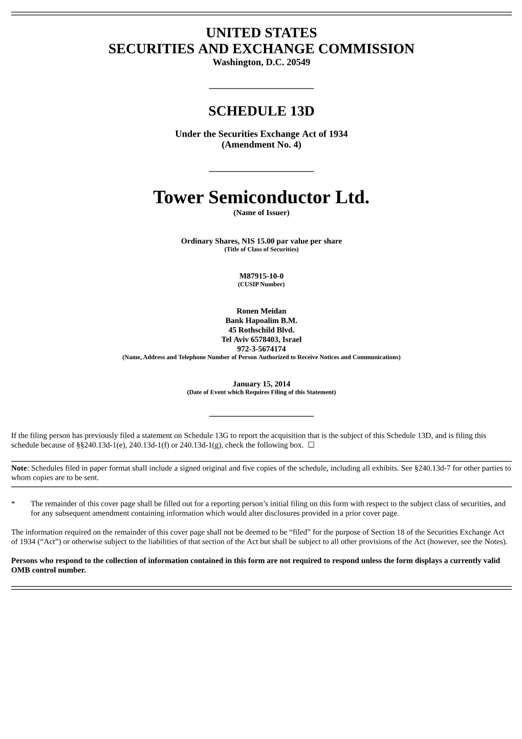 Tower Semiconductor Ltd. (Name of Issuer)