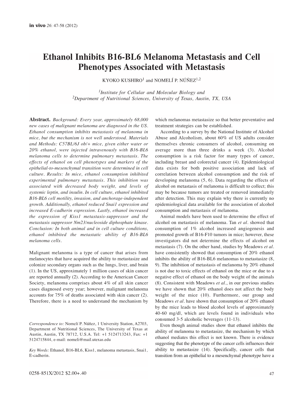 Ethanol Inhibits B16-BL6 Melanoma Metastasis and Cell Phenotypes Associated with Metastasis