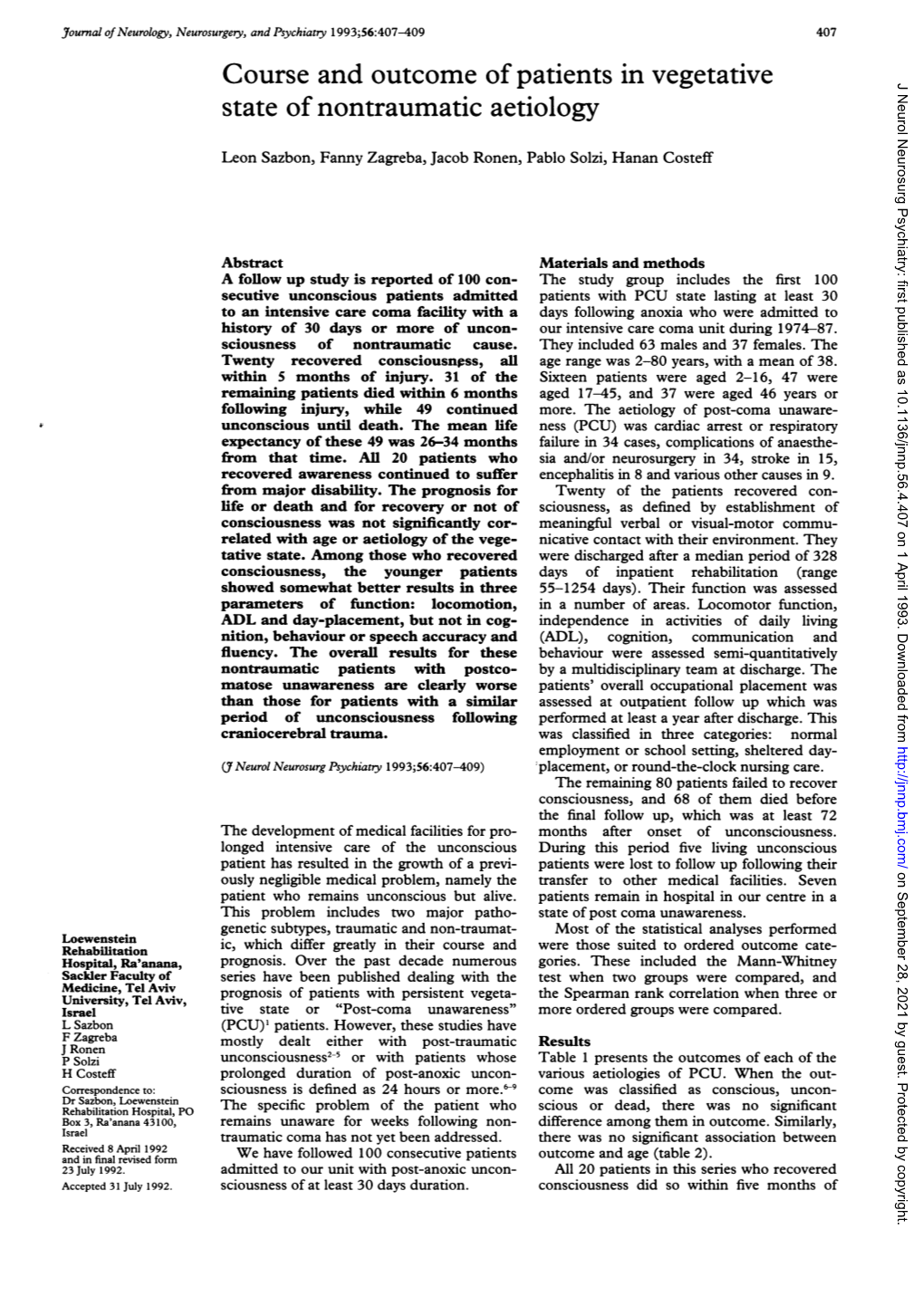 Course and Outcome of Patients in Vegetative State of Nontraumatic Aetiology